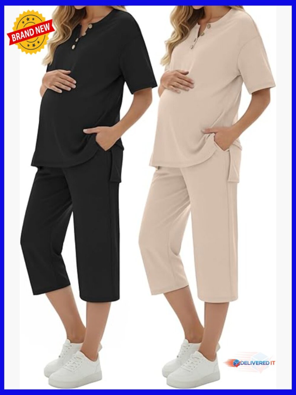2 Pack Maternity Lounge Set Short Sleeve Top Capri Pants Soft Summer Sleepwear
